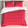 thumbnail image 1 of Abstract Duvet Cover Set, Plaid Pattern Inspired Hand Drawn Vertical and Horizontal Stripes, Decorative 3 Piece Bedding Set with 2 Pillow Shams, Queen Size, Hot Pink and Burnt Orange, by Ambesonne, 1 of 2