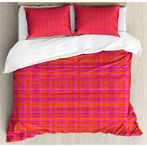 Abstract Duvet Cover Set, Plaid Pattern Inspired Hand Drawn Vertical and Horizontal Stripes, Decorative 3 Piece Bedding Set with 2 Pillow Shams, Queen Size, Hot Pink and Burnt Orange, by Ambesonne