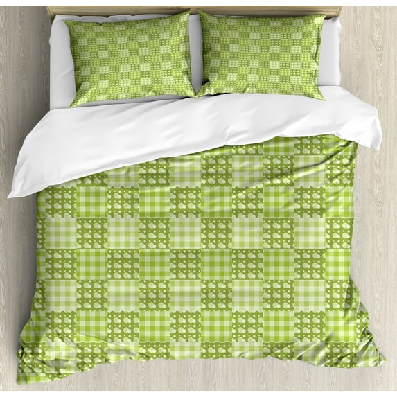 Abstract Duvet Cover Set, Polka Dots and Checkered Pattern Textured Patchwork Simplistic Art, Decorative 3 Piece Bedding Set with 2 Pillow Shams, King Size, Lime and Pale Green, by Ambesonne