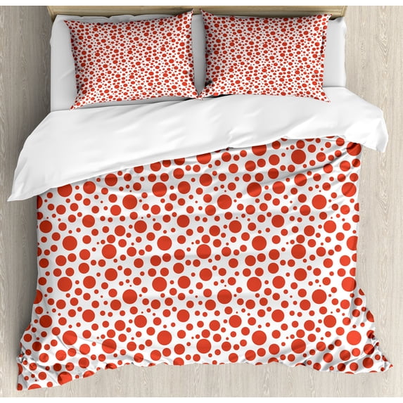 Abstract Duvet Cover Set, Polka Dots on White Background Bubble Like Design Modern Pattern Print, Decorative 3 Piece Bedding Set with 2 Pillow Shams, Queen Size, Vermilion and White, by Ambesonne