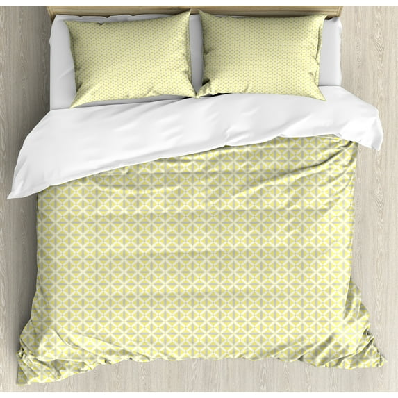 Abstract Duvet Cover Set, Print of Energetic Tone Geometric Shapes Contemporary Vibes, Decorative 3 Piece Bedding Set with 2 Pillow Shams, Calking Size, Pastel Yellow Pale Grey, by Ambesonne