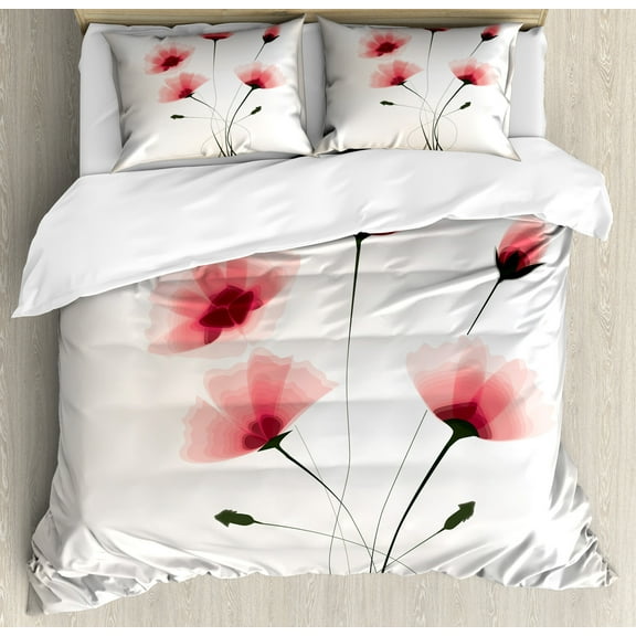 Abstract Duvet Cover Set, Pure Romantic Cool Simple Natural Flower with Blossoms Art Print, Decorative 3 Piece Bedding Set with 2 Pillow Shams, King Size, Pink Green and White, by Ambesonne
