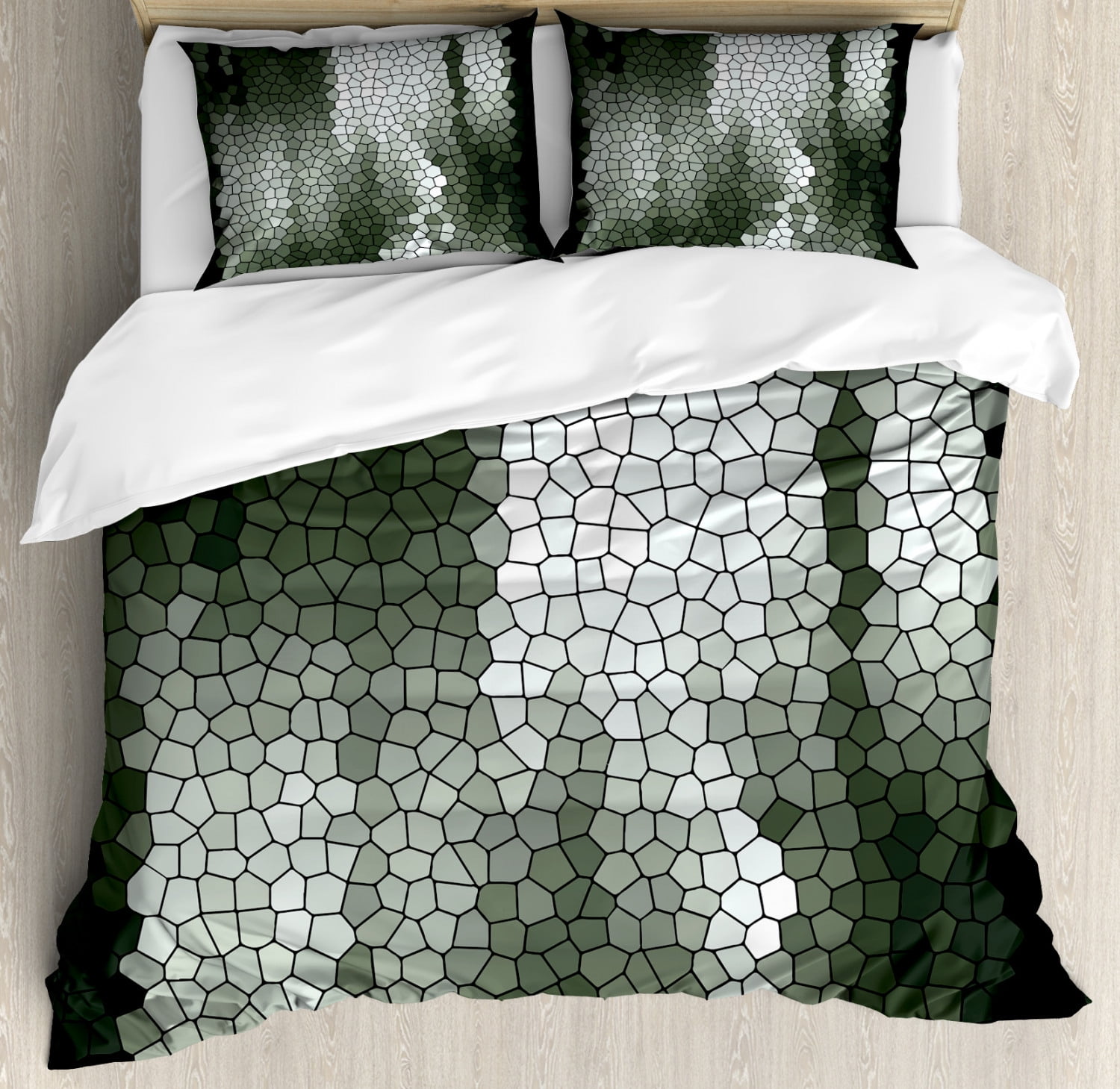Green and White Geometric Mosaic Queen Duvet Cover Set