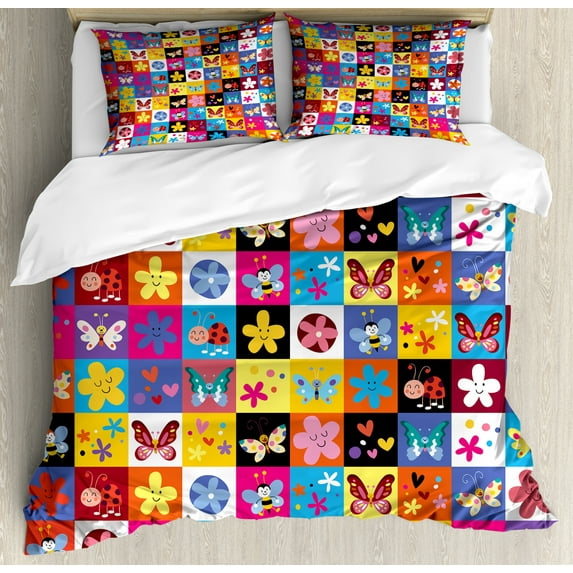 Abstract Duvet Cover Set Queen Size, Butterflies Beetles Flowers Bees Bugs Hearth Spring Lovely Hippie Season Image, Decorative 3 Piece Bedding Set with 2 Pillow Shams, Multicolor, by Ambesonne