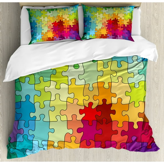 Abstract Duvet Cover Set Queen Size, Colorful Puzzle Pieces Fractal Children Hobby Activity Leisure Toys Cartoon Image, Decorative 3 Piece Bedding Set with 2 Pillow Shams, Multicolor, by Ambesonne
