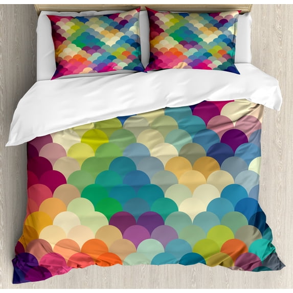 Abstract Duvet Cover Set Queen Size, Colorful Retro Style Scales Inspired Wave Pattern Overlapping Circles Dots Tile, Decorative 3 Piece Bedding Set with 2 Pillow Shams, Multicolor, by Ambesonne