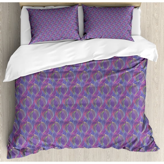 Abstract Duvet Cover Set Queen Size, Colorful Striped Leaves and Little Dots Doodle Style Foliage Pattern, Decorative 3 Piece Bedding Set with 2 Pillow Shams, Violet and Multicolor, by Ambesonne