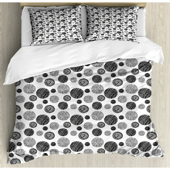 Abstract Duvet Cover Set Queen Size, Hand Drawn Circular Doodle Lines Dots Swirls Pattern Monochrome Simplistic Design, Decorative 3 Piece Bedding Set with 2 Pillow Shams, Black White, by Ambesonne