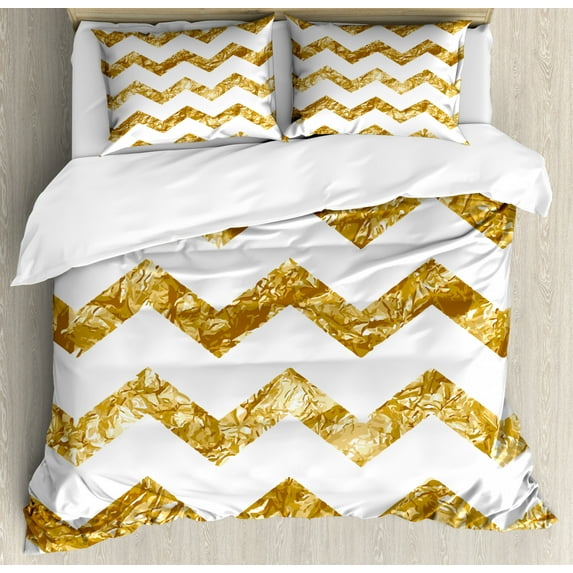 Abstract Duvet Cover Set Queen Size, Horizontal Zigzag Pattern Chevron Minimalist Backdrop Simple Modern Design, Decorative 3 Piece Bedding Set with 2 Pillow Shams, Pale Coffee White, by Ambesonne