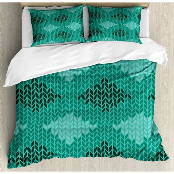 Abstract Duvet Cover Set Queen Size, Lace Pattern Inspired Image with Wheat Shaped Elements Art Print, Decorative 3 Piece Bedding Set with 2 Pillow Shams, Dark Seafoam and Multicolor, by Ambesonne