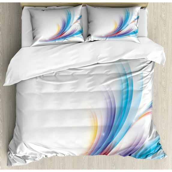 Abstract Duvet Cover Set, Modern Rainbow Inspired Wavy Pattern with Blank Background Image, Decorative 3 Piece Bedding Set with 2 Pillow Shams, Queen Size, Orange Purple, by Ambesonne