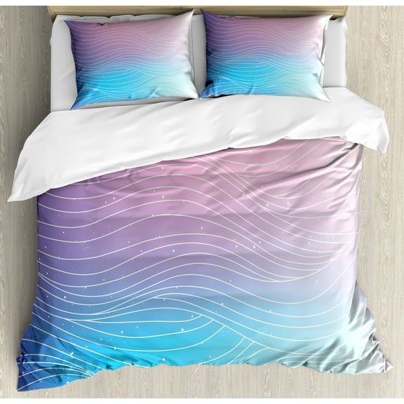 Abstract Duvet Cover Set Queen Size, Nebula Sky Inspired Ombre Effect Pattern with Waves and Spots, Decorative 3 Piece Bedding Set with 2 Pillow Shams, Pale Blue Pale Pink Violet, by Ambesonne