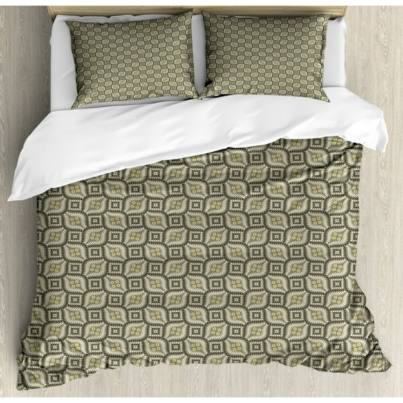 Abstract Duvet Cover Set Queen Size, Retro Style Spots and Tapered Lines Arranged in Wavy Diagonal Order, Decorative 3 Piece Bedding Set with 2 Pillow Shams, Khaki Black and Ivory, by Ambesonne