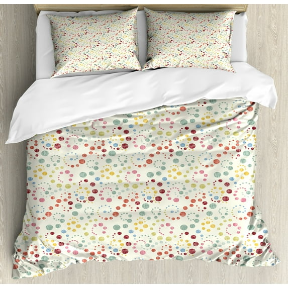 Abstract Duvet Cover Set Queen Size, Traditional Polka Dots with Colorful Summer Vibes Retro Look Vibrant Swirl Designs, Decorative 3 Piece Bedding Set with 2 Pillow Shams, Multicolor, by Ambesonne