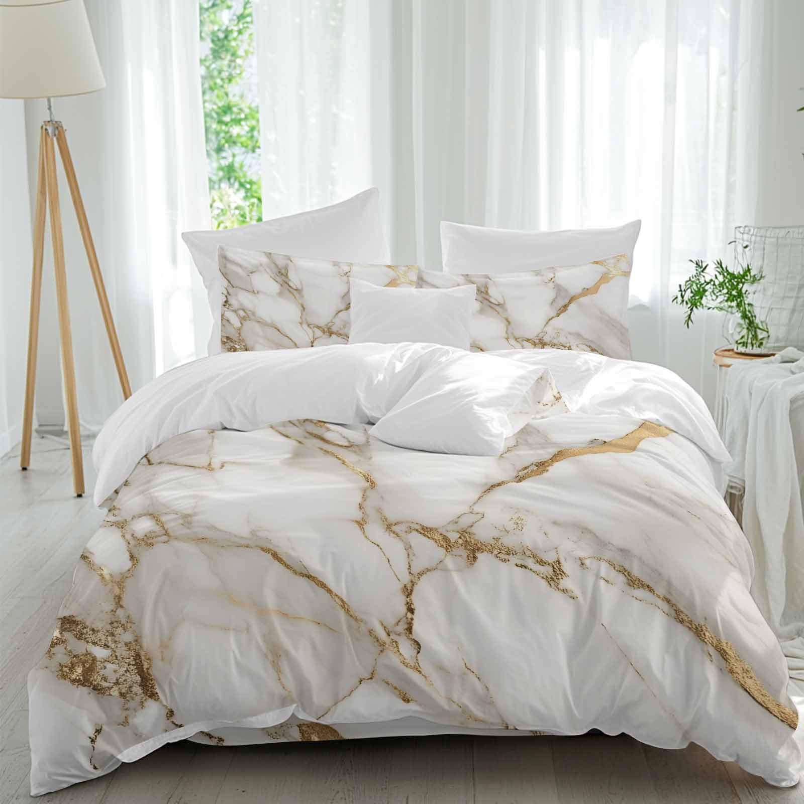 Abstract Duvet Cover Set Queen Size White Marble Pattern Gold Crack Texture Minimalism Soft Lightweight Comforter Covers 4 Piece Bedding Set with 1 Duvet Cover 1 Bed Sheet & 2 Pillow Shams