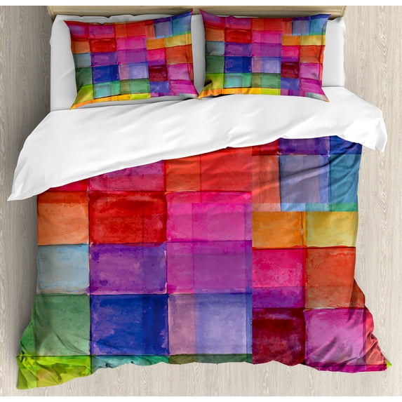 Abstract Duvet Cover Set, Rainbow Colored Geometric Square Shaped Blurry Effects Watercolor Design, Decorative 3 Piece Bedding Set with 2 Pillow Shams, King Size, Multicolor, by Ambesonne