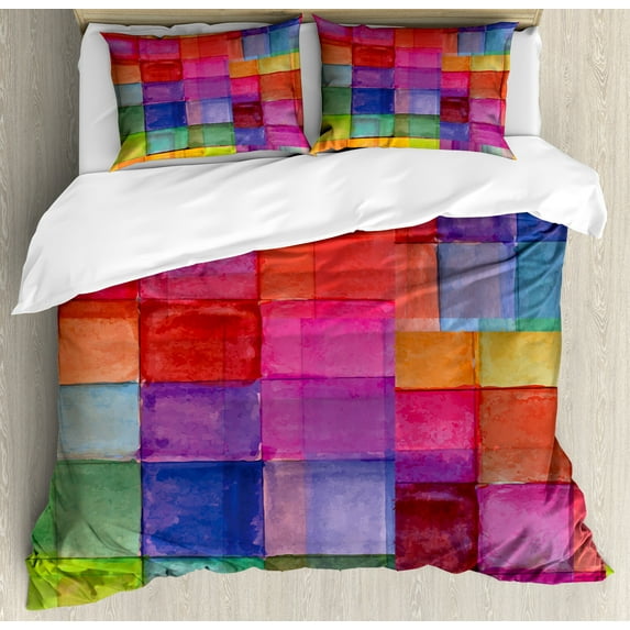 Abstract Duvet Cover Set, Rainbow Colored Geometric Square Shaped Blurry Effects Watercolor Design, Decorative 3 Piece Bedding Set with 2 Pillow Shams, Queen Size, Multicolor, by Ambesonne