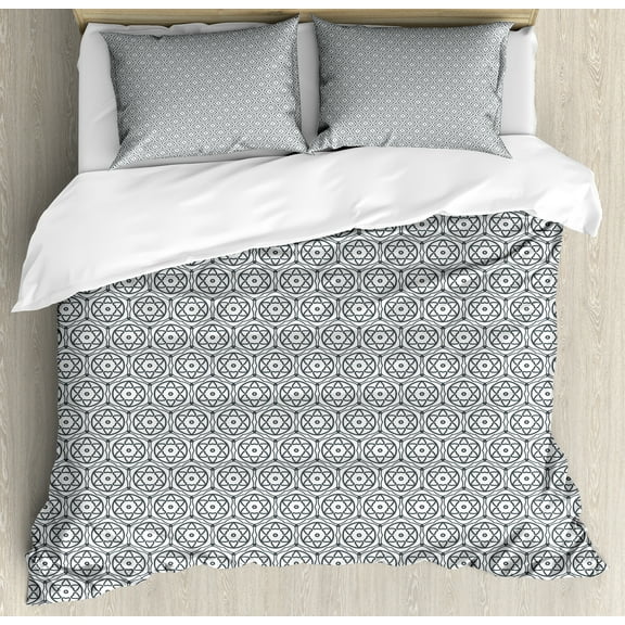 Abstract Duvet Cover Set, Repetitive Flowers in Squares Monochrome Pattern on Plain Backdrop, Decorative 3 Piece Bedding Set with 2 Pillow Shams, King Size, White Dark Slate Blue, by Ambesonne