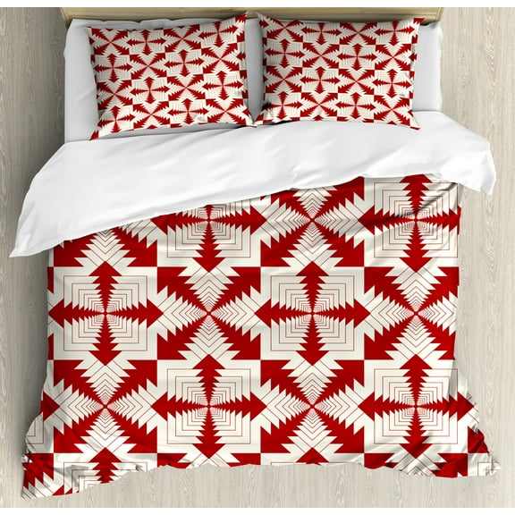 Abstract Duvet Cover Set, Repetitive Intertwined Frames Funky Style Modern Retro Pattern Art Print, Decorative 3 Piece Bedding Set with 2 Pillow Shams, King Size, Vermilion and Ivory, by Ambesonne