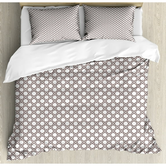 Abstract Duvet Cover Set, Repetitive Modernized Floral Like Elements Pattern on Plain Backdrop, Decorative 3 Piece Bedding Set with 2 Pillow Shams, Queen Size, White Dark Warm Taupe, by Ambesonne