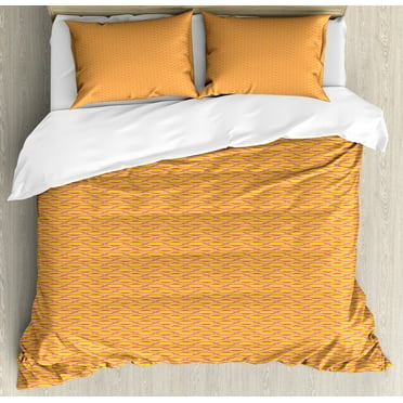Abstract Duvet Cover Set, Repetitive Origami Inspired Knots Retro Look Geometric Pattern, Decorative 3 Piece Bedding Set with 2 Pillow Shams, Calking Size, Mustard Pastel Pink, by Ambesonne