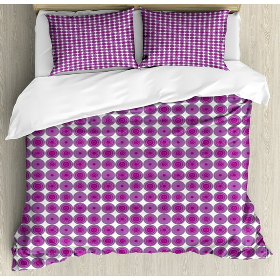 Abstract Duvet Cover Set, Repetitive Pattern of Modern Rounds with Retro Influences Quirky and Monochrome, Decorative 3 Piece Bedding Set with 2 Pillow Shams, Calking Size, Purple White, by Ambesonne