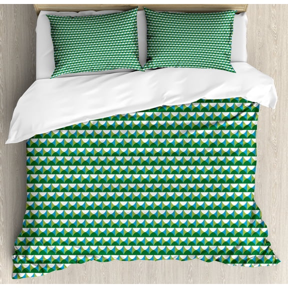 Abstract Duvet Cover Set, Repetitive Pattern Ornamental Geometric Shapes Retro Influences, Decorative 3 Piece Bedding Set with 2 Pillow Shams, Queen Size, Emerald Blue and Apple Green, by Ambesonne