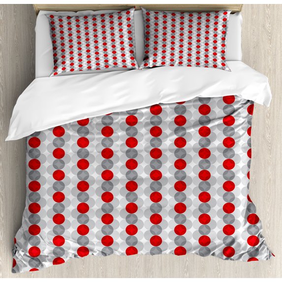 Abstract Duvet Cover Set, Retro Geometric Circles Round Ovals Ring Shaped Overlapping Discs, Decorative 3 Piece Bedding Set with 2 Pillow Shams, Calking Size, Pale Grey Red, by Ambesonne