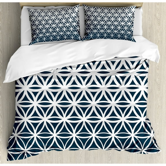 Abstract Duvet Cover Set, Retro Geometric Ombre Inspired Pattern Classic Curves Illustration, Decorative 3 Piece Bedding Set with 2 Pillow Shams, Calking Size, Petrol Blue and White, by Ambesonne