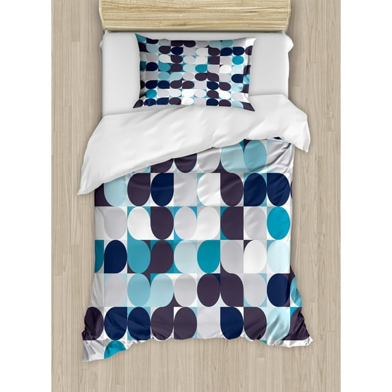 Abstract Duvet Cover Set, Retro Inner Circles Pattern with Squares Mosaic Style Old Fashion Print, Decorative 2 Piece Bedding Set with 1 Pillow Shams, Twin Size, Brown Grey Teal White, by Ambesonne