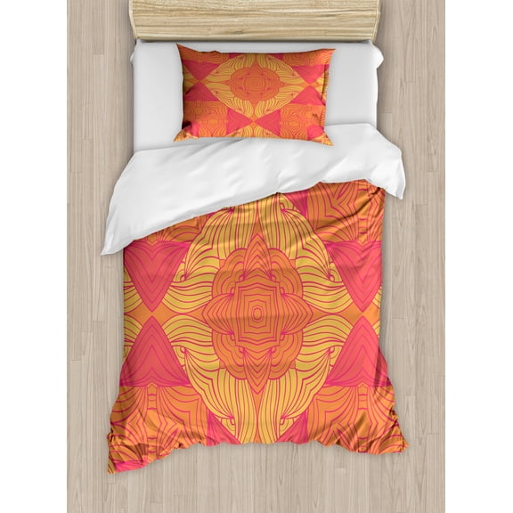 Abstract Duvet Cover Set, Retro Psychedelic Inspired Flowers Pattern Warm Tones, Decorative 2 Piece Bedding Set with 1 Pillow Shams, Twin Size, Coral Burnt Sienna, by Ambesonne