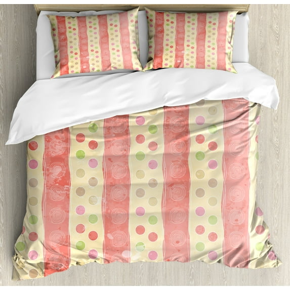 Abstract Duvet Cover Set, Retro Stripes and Dots in Watercolor Featured Effects Nostalgic Pattern, Decorative 3 Piece Bedding Set with 2 Pillow Shams, Calking Size, Pale Yellow Coral, by Ambesonne