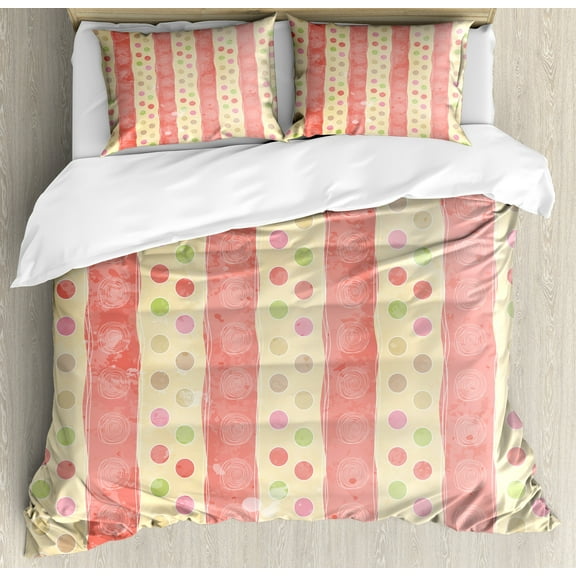 Abstract Duvet Cover Set, Retro Stripes and Dots in Watercolor Featured Effects Nostalgic Pattern, Decorative 3 Piece Bedding Set with 2 Pillow Shams, Queen Size, Pale Yellow Coral, by Ambesonne