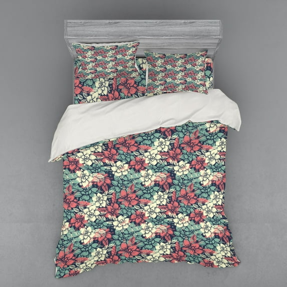 Abstract Duvet Cover Set, Romantic Garden Pattern with Flowers Vintage and Hippie Summer Bouquet, Bedding Set with Shams and Fitted Sheet, 3 Sizes, by Ambesonne