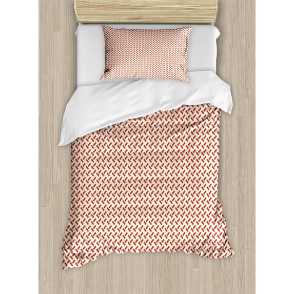 Abstract Duvet Cover Set, Rounded Small Shapes Conceptual Herringbone Pattern Design Minimalist Maze Inspired, Decorative 2 Piece Bedding Set with 1 Pillow Shams, Twin Size, Red Cream, by Ambesonne