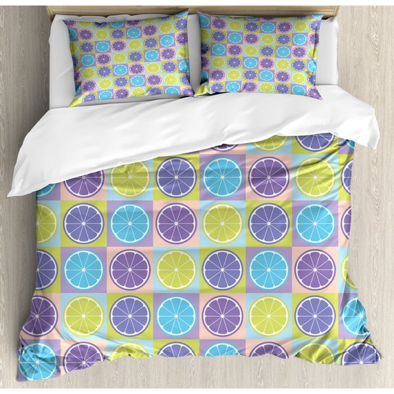 Abstract Duvet Cover Set, Seamless Pattern with Citrus Like Lemon Lime Tangerine Orange Print, Decorative 3 Piece Bedding Set with 2 Pillow Shams, Calking Size, Pale Green and Violet, by Ambesonne