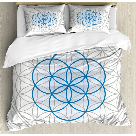 Abstract Duvet Cover Set, Several Interlace Round Shaped Ovals Knot of Life Art, Decorative 3 Piece Bedding Set with 2 Pillow Shams, King Size, Warm Taupe Blue, by Ambesonne