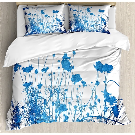 Abstract Duvet Cover Set, Silhouette of Summer Wildflowers Blooms Grass Garden Foliage Illustration, Decorative 3 Piece Bedding Set with 2 Pillow Shams, Queen Size, White Blue, by Ambesonne