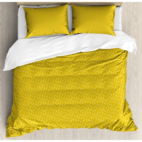 Abstract Duvet Cover Set, Simplistic Continuing Print of Star Like Ornamental Details, Decorative 3 Piece Bedding Set with 2 Pillow Shams, Calking Size, Earth Yellow White, by Ambesonne