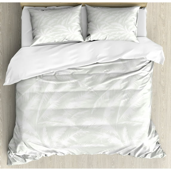 Abstract Duvet Cover Set, Sketchy Palm Leaves Jungle Foliage Tropical Eco Exotic Branch Design, Decorative 3 Piece Bedding Set with 2 Pillow Shams, King Size, Green and White, by Ambesonne