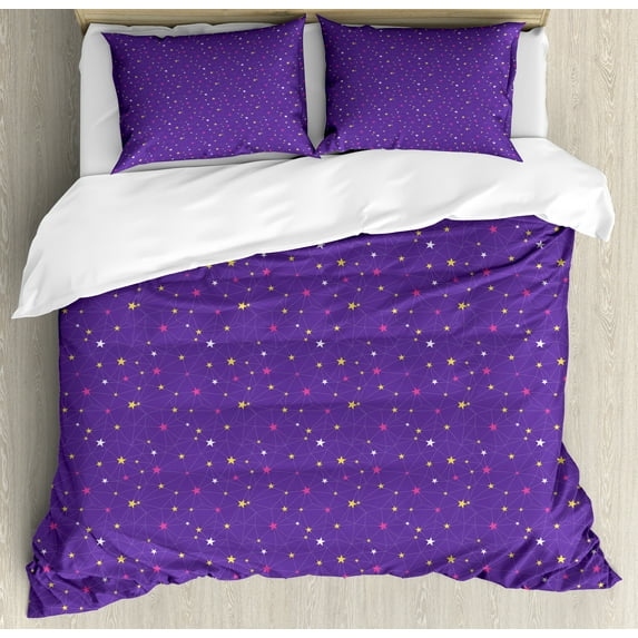 Abstract Duvet Cover Set, Stars Network Pattern Night Sky Outer Space Objects Abstract, Decorative 3 Piece Bedding Set with 2 Pillow Shams, Queen Size, Blue Violet Pink Yellow, by Ambesonne