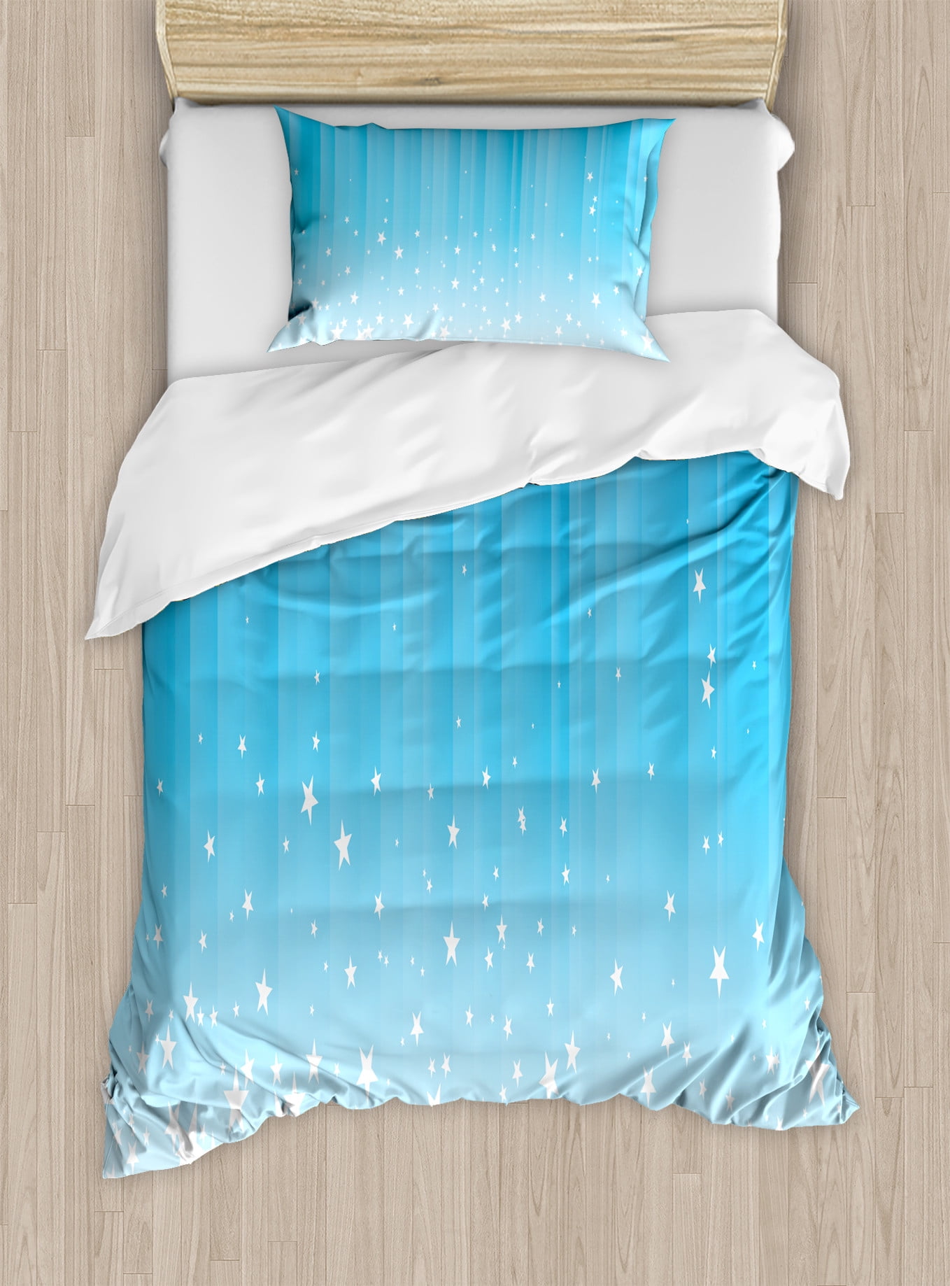 Sky Blue and White Twin Duvet Cover Set with Stars