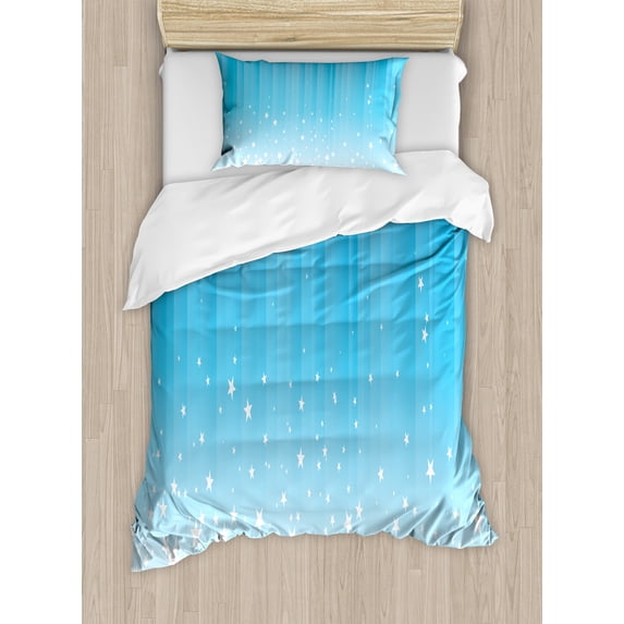 Abstract Duvet Cover Set, Stars Splashing down Open Sky Vibrant Celestial Rays Beams Design, Decorative 2 Piece Bedding Set with 1 Pillow Shams, Twin Size, Sky Blue White, by Ambesonne