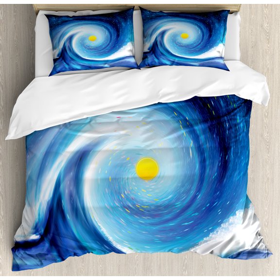 Abstract Duvet Cover Set, Surfer Wavy Like Design with Little Vivid Point and Sun Print, Decorative 3 Piece Bedding Set with 2 Pillow Shams, King Size, Blue White and Yellow, by Ambesonne