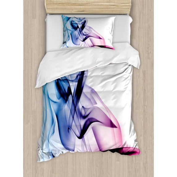 Abstract Duvet Cover Set, Surreal Art Colorful Smoke Flow Swirl Contemporary Print, Decorative 2 Piece Bedding Set with 1 Pillow Shams, Twin Size, Fuchsia Blue, by Ambesonne