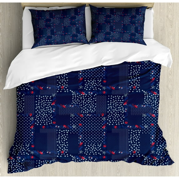 Abstract Duvet Cover Set, Symmetrical Dots and Roses in Dark Tones Illustration Pattern, Decorative 3 Piece Bedding Set with 2 Pillow Shams, Queen Size, Dark Violet Blue and Multicolor, by Ambesonne
