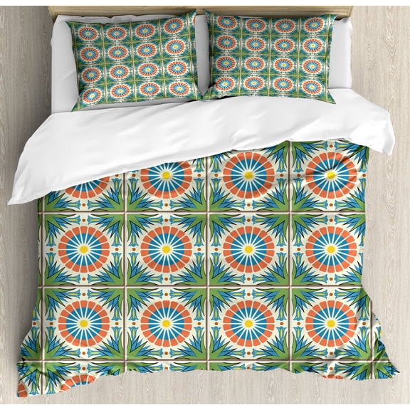 Abstract Duvet Cover Set, Traditional Mosaic Tiles Inspired Style Round Flowers Illustration Print, Decorative 3 Piece Bedding Set with 2 Pillow Shams, King Size, Cream Peacock Green, by Ambesonne