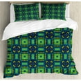 thumbnail image 1 of Abstract Duvet Cover Set, Tribal Geometric Pattern with Triangle Rhombus and Circular Shapes Art, Decorative 3 Piece Bedding Set with 2 Pillow Shams, Calking Size, Green and Petrol Blue, by Ambesonne, 1 of 3