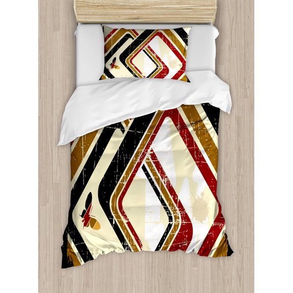 Abstract Duvet Cover Set, Trippy Forms in Grunge Effects Butterflies Retro Illustration, Decorative 2 Piece Bedding Set with 1 Pillow Shams, Twin Size, Pale Yellow Caramel, by Ambesonne