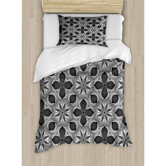 Abstract Duvet Cover Set Twin Size, Antique Inspired Design of Art Hatched Floral and Geometrical Items, Decorative 2 Piece Bedding Set with 1 Pillow Sham, Charcoal Grey and White, by Ambesonne